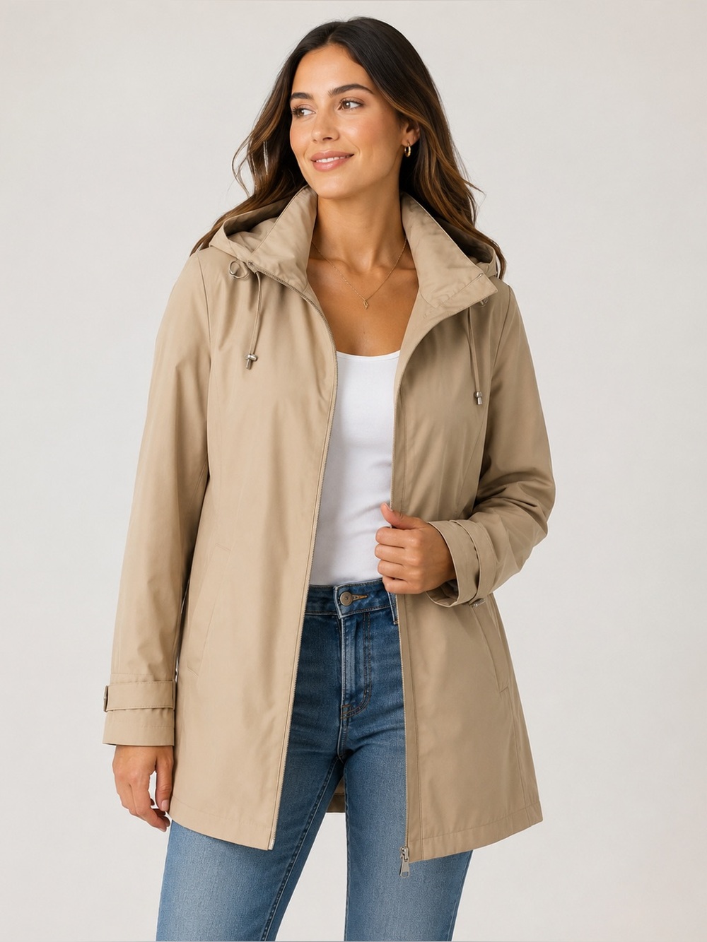 Calvin Klein Tan Hooded Rain Jacket Coat Zip Front Beige Size Medium